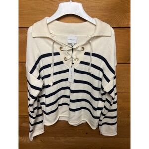 PINK ROSE Striped Lace Up Collar Sweater Cream Navy Med Feminine Maritime collar